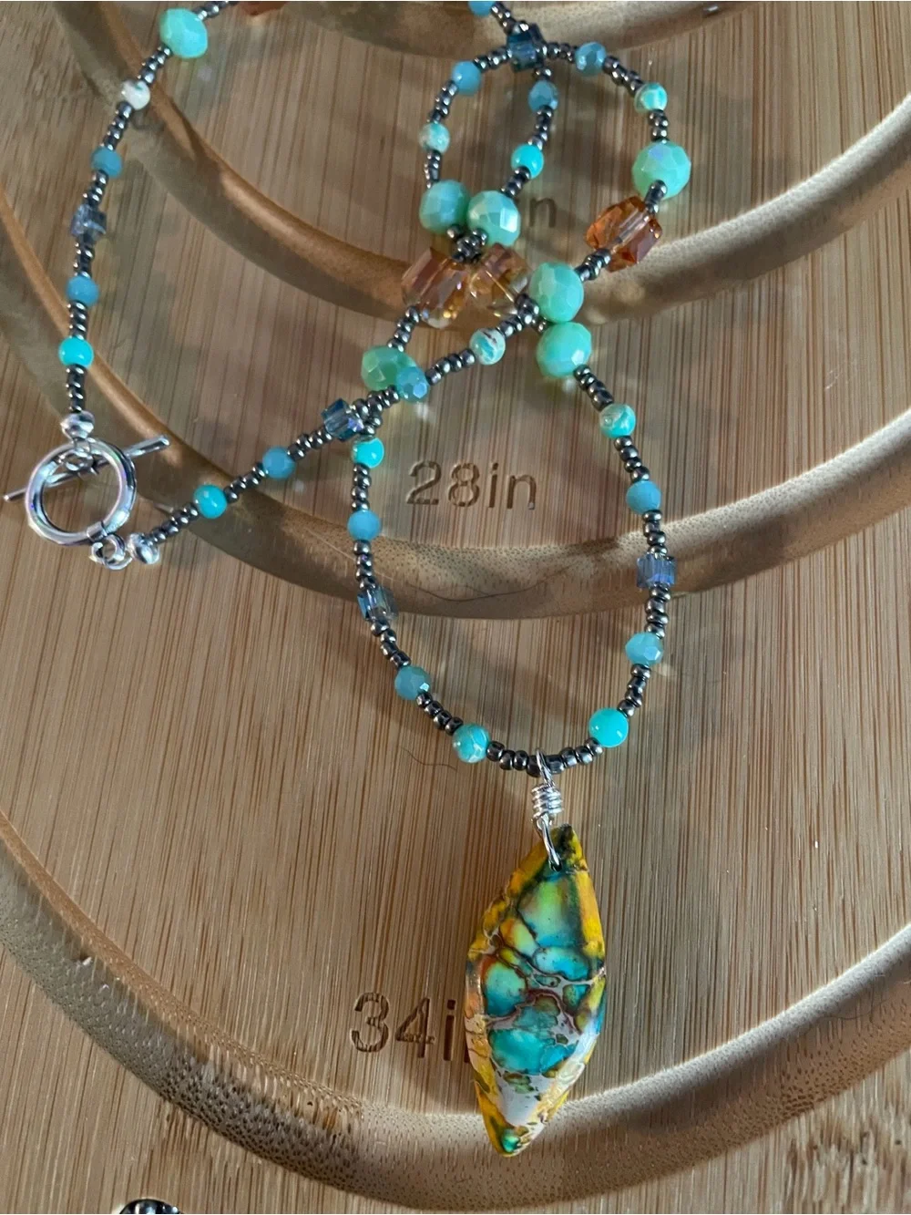Handcrafted Green & Turquoise Beaded Necklace with Amber Accent Earrings